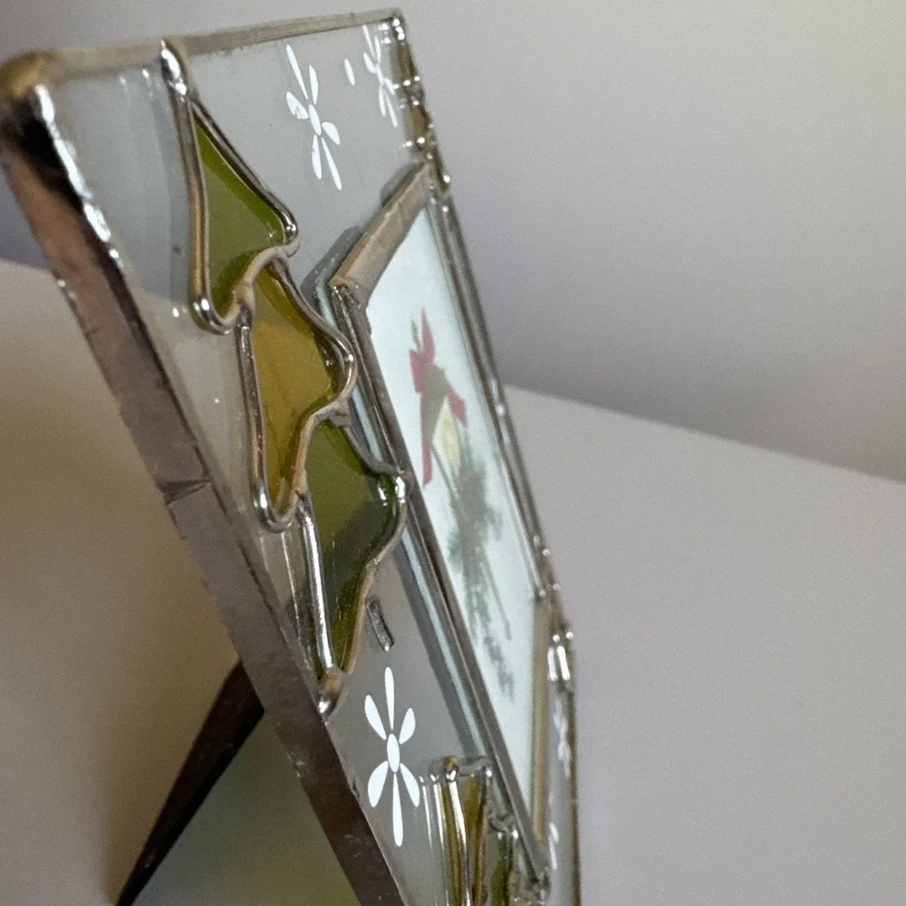 Vintage Stained Glass Christmas Tree & Snowflake 2.5x3.5 Photo Frame Metal Trim